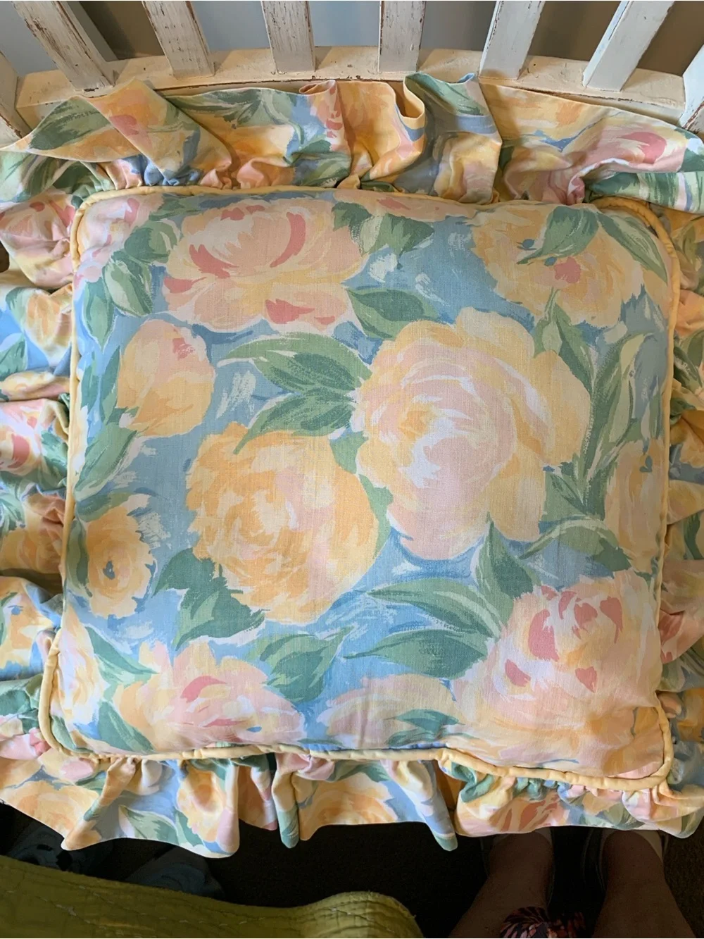 Vintage Croscill Floral Ruffled Throw Pillow in Pastel Yellow, Pink, Blue, Green